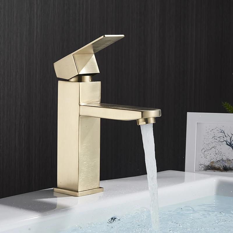 Brushed Gold Square Basin Faucet Bathroom Deck Mounted Washbasin Mixer Tap Single Handle Hot Cold Mixer Tap