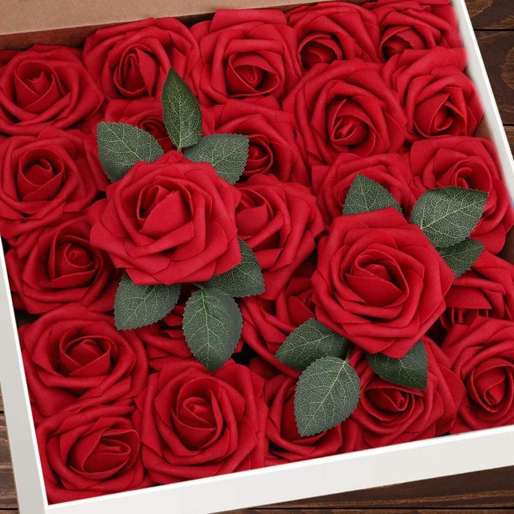 25PCS Lifelike Foam Artificial Flowers with Stems Boxed Fake Roses Floral Arrangements DIY Bouquets Home Decoration