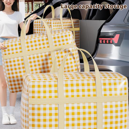 Quilt Storage Bag with Sturdy Zipper Reinforced Handles Plaid Print Large Capacity Non-woven Fabric Quilt Storage Organizer