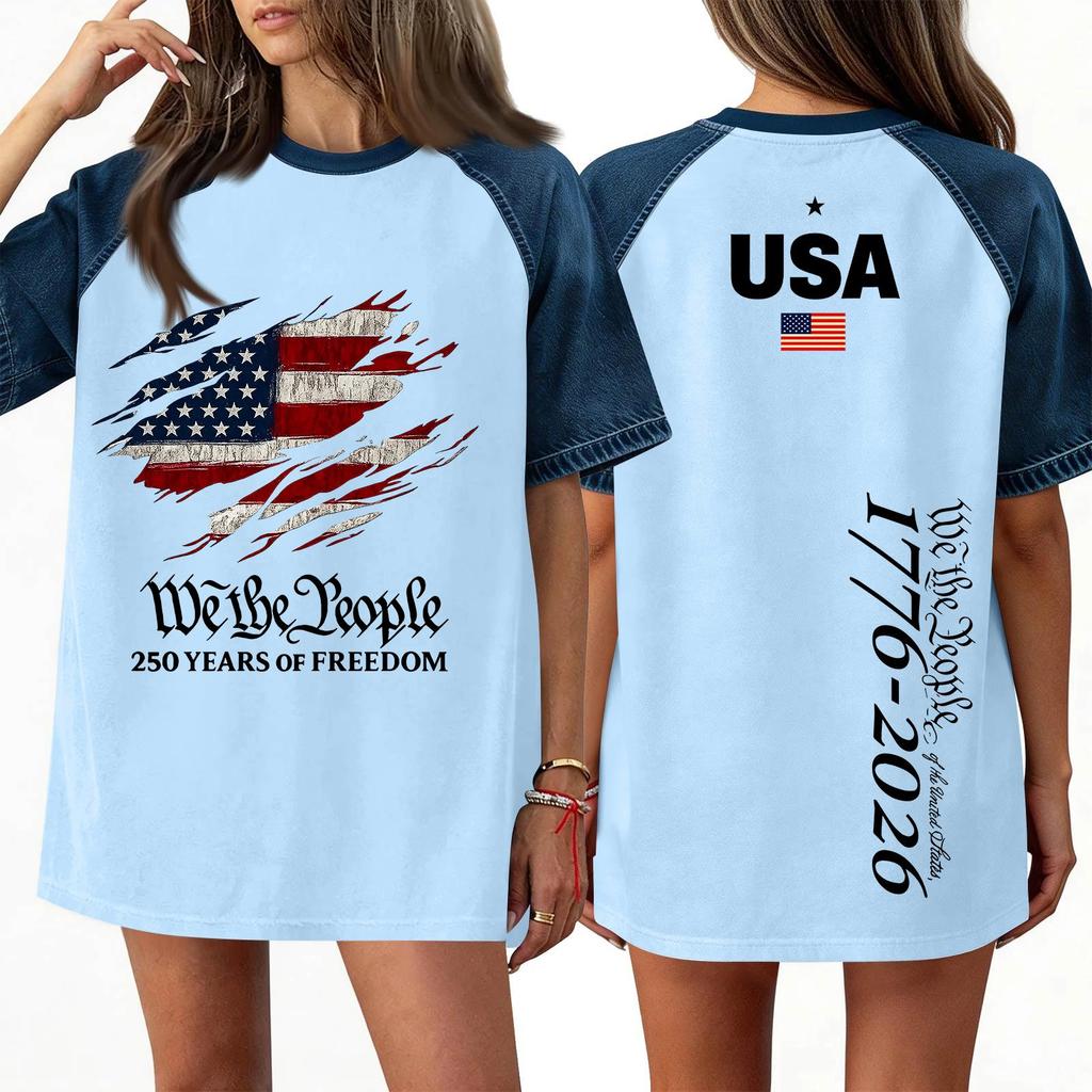 Women's Denim Patchwork Top, Casual Short-sleeved Comfortable T-shirt, Fashionable For Spring And Summer.