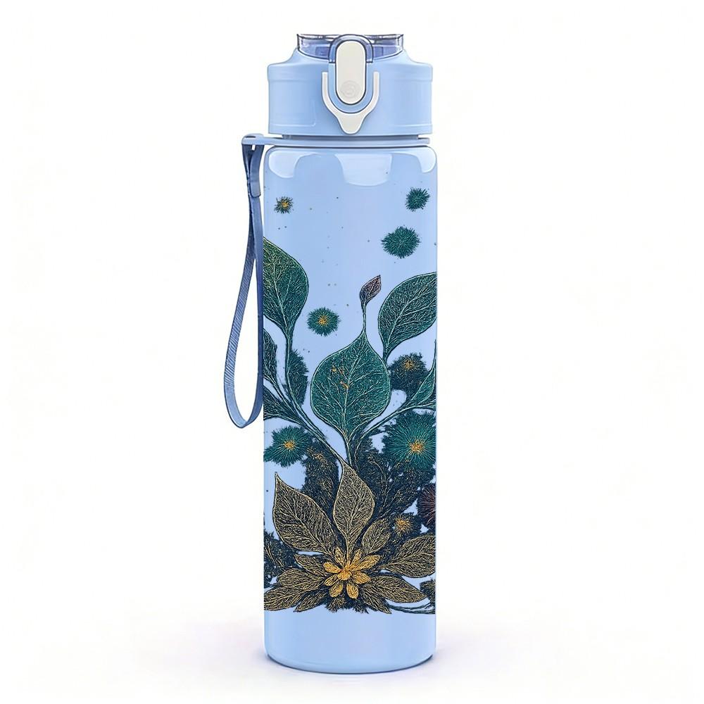 1PC Dark Teal Leaf Botanical Art Print 750ml Color Plastic Sports Water Bottle Leakproof Flip Straw Lid Suitable for Sports Office Home Use