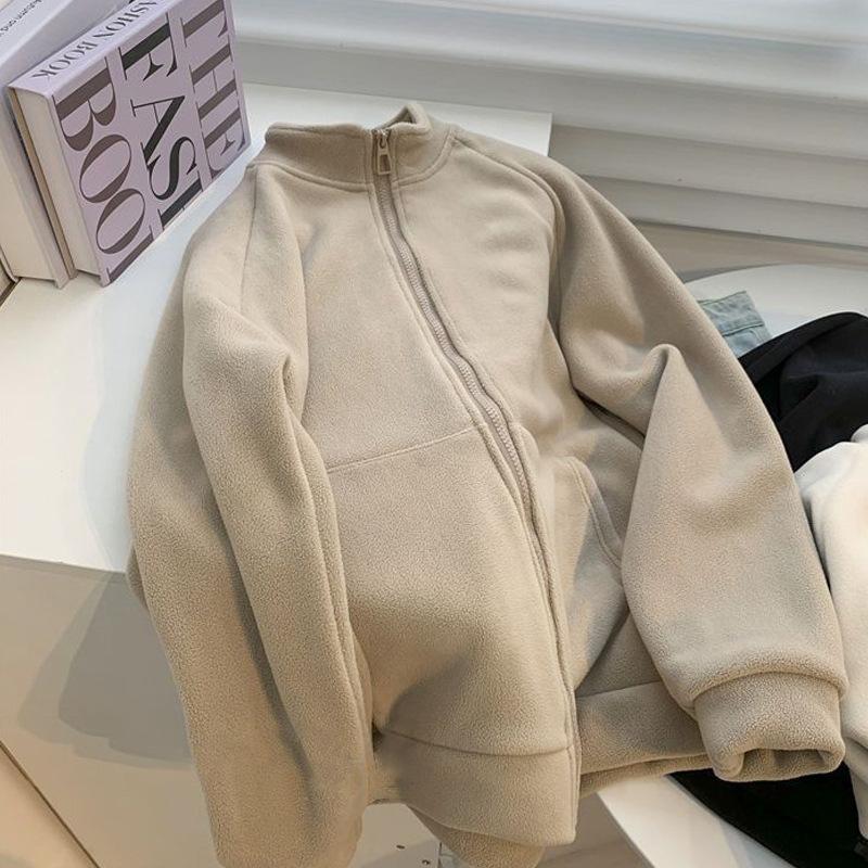 Warm Stand Collar Faux Lamb Double Face Polar Fleece Jacket Women Autumn Winter Loose Slimming Fleece Lined Thick Hoodie