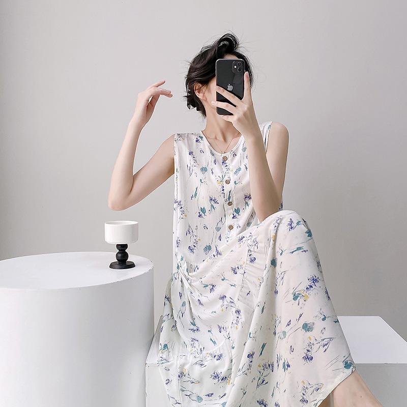 1011 new cotton and silk nightdress fairy style thin large size sweet and cute style long dress loungewear can be worn outside