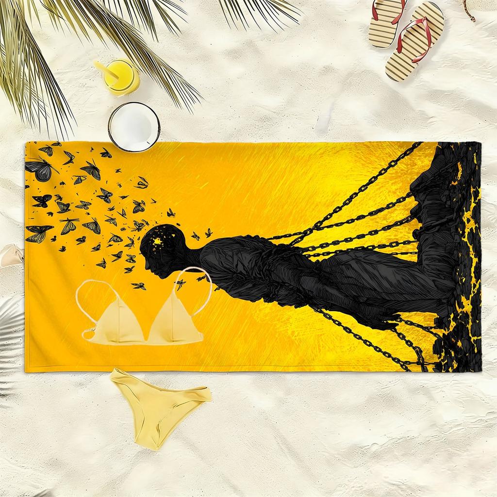 Binding Figure and Flying Butterfly Pattern Polyester Microfiber Beach Towel Is Highly Absorbent Suitable Swimming Beach Outings