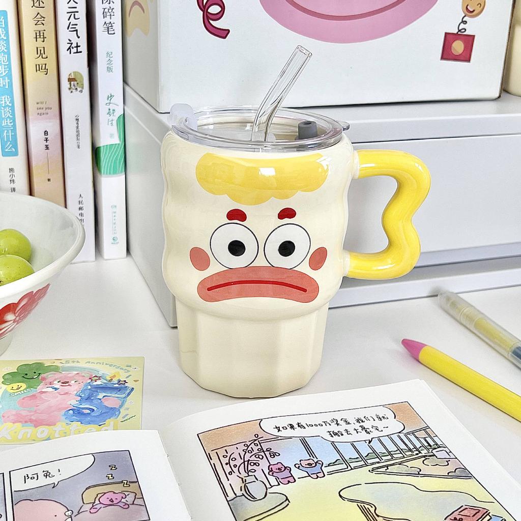 Cute cute clown straw cup high value ceramic mug with lid funny couple drinking cup birthday gift