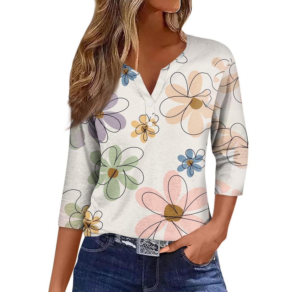 Women's Fashion Casual Printed V-Neck Short Sleeve Decorative Button Three-quarter Sleeve T-Shirt Top