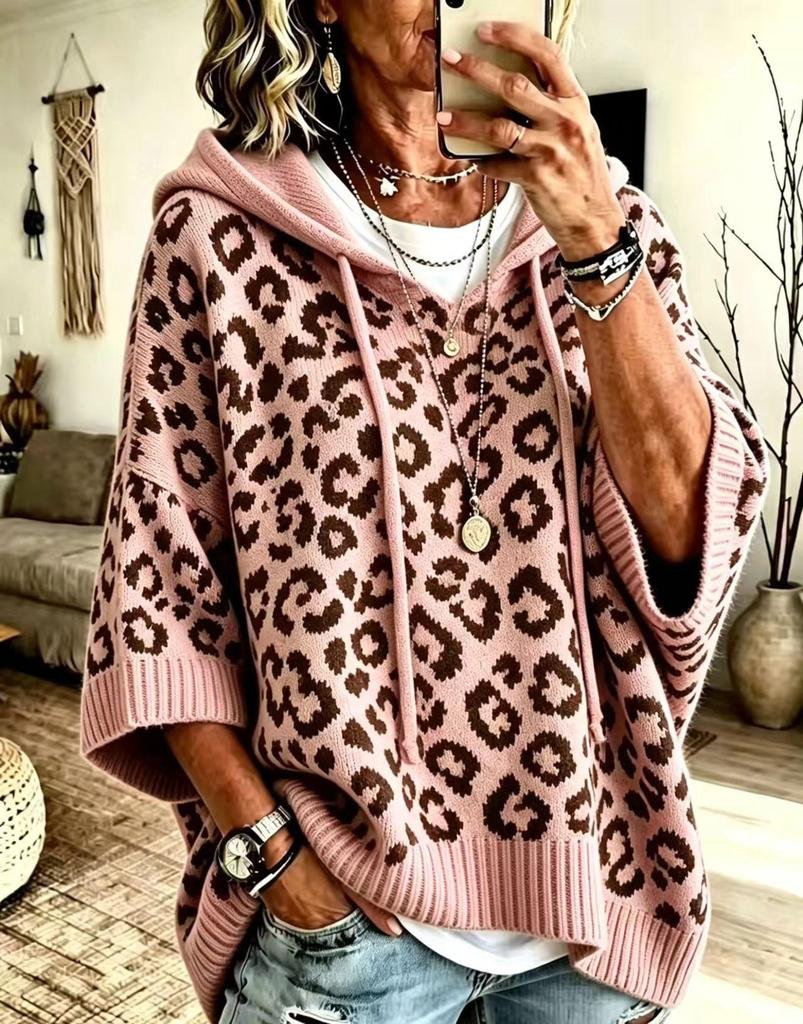 Shengmiao Women's Leopard Print Knit Hoodie Sweater with Drawstring