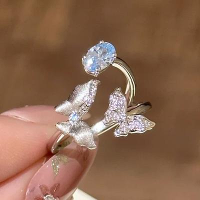 Classic Female Rings  Sterling Silver Blue Double Butterfly Water Droplets Opening Rings for Women Wedding  Anillos