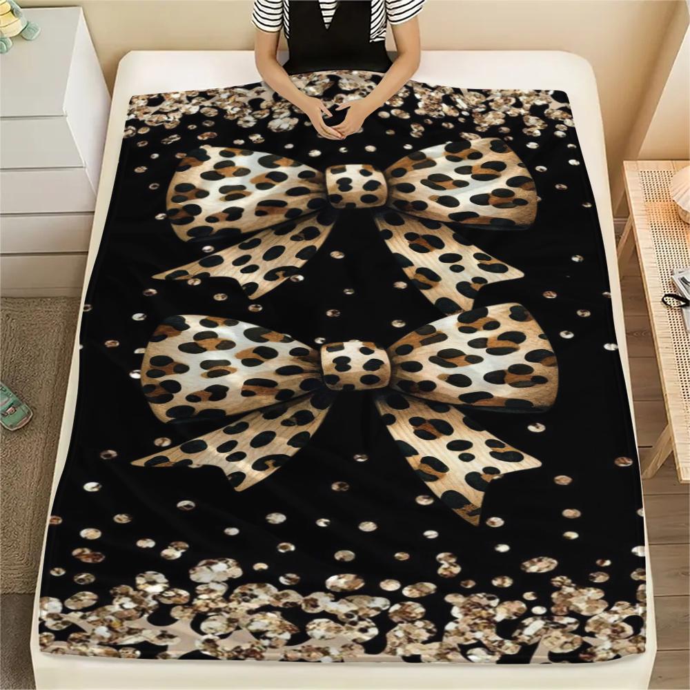 1Pc Leopard Bow Print Flannel Blanket, High quality Comfortable for All Seasons, Home Decor, Warmth and Comfort, Perfect for Gifts