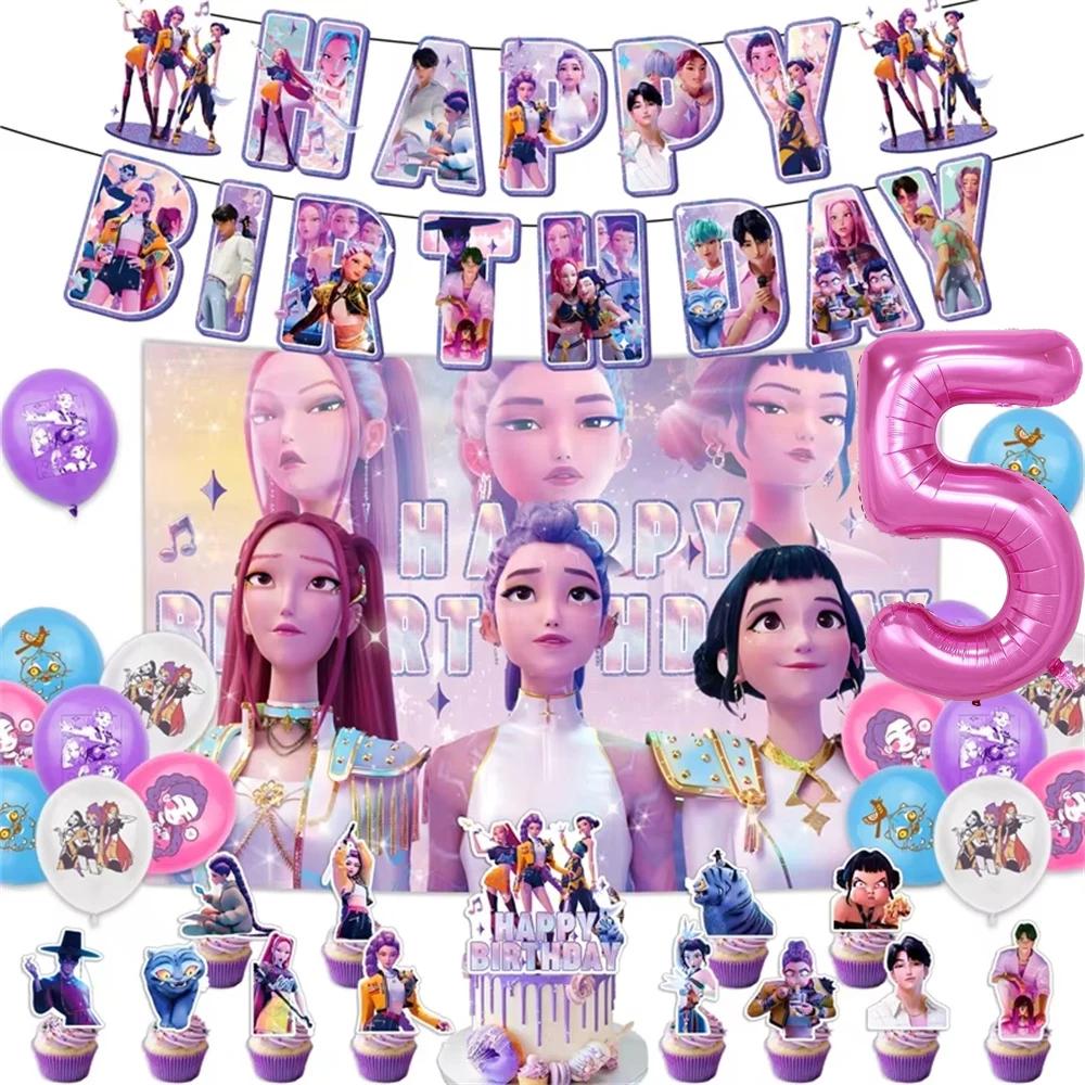 Kpop Demon Birth Date Celebration Decoration Hunter Group Birth Date Celebration Supplies Huntrix Kpop Anime Cake Topper Balloons Hanging Flag