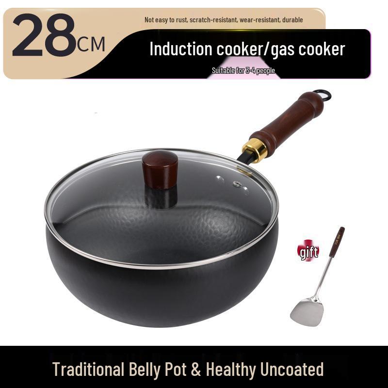 Zhangqiu Handgefertigter Antihaft-Eisen-Wok: 24CM Wok mit großem Bauch zum Pfannenrühren, für Gerichte, zum Schmoren & für Suppe.