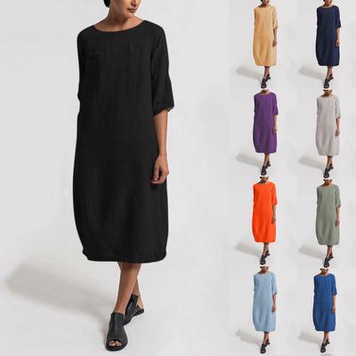 Lässiges, lockeres Baumwoll-Leinen-Kleid mit mittellangen Ärmeln und Rundhalsausschnitt für Damen