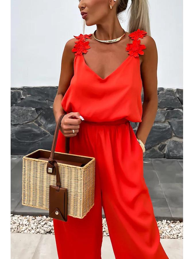 Evropská a americká jarní/letní kombinéza bez rukávů s kapsami - Ležérní volná dámská kombinéza na ramínka