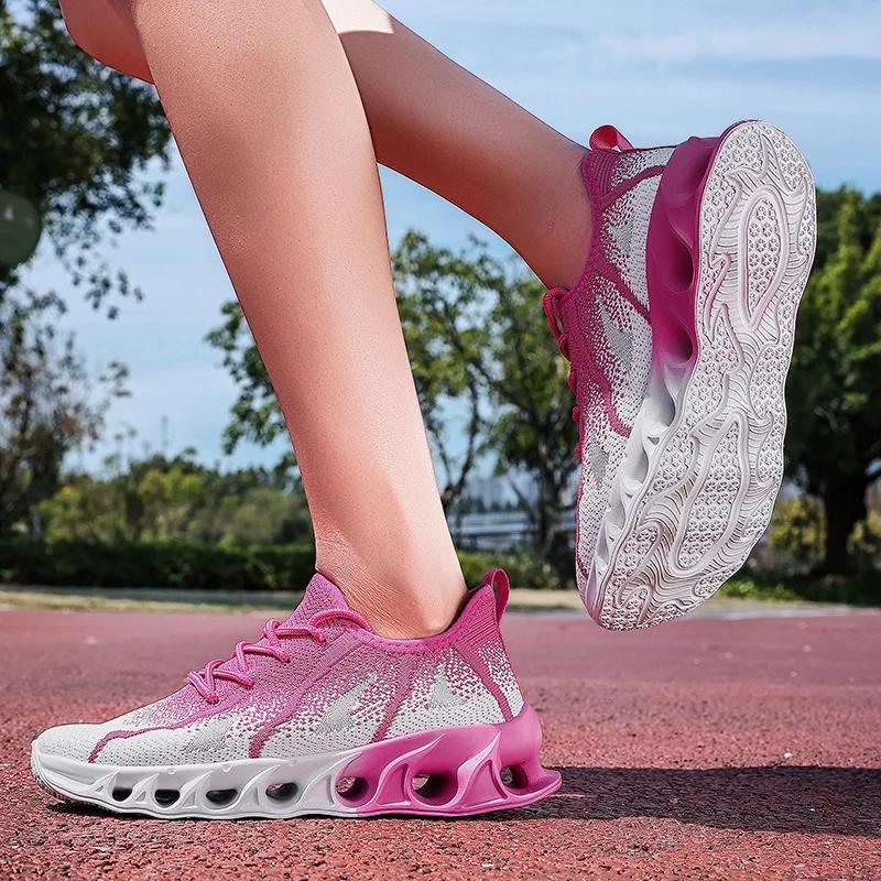 Tênis de Corrida Roxo Verão Mulheres Homens Tênis de Tricô Respirável Leve Tênis Masculinos Outdoor Casual Plataforma Sapatos Esportivos