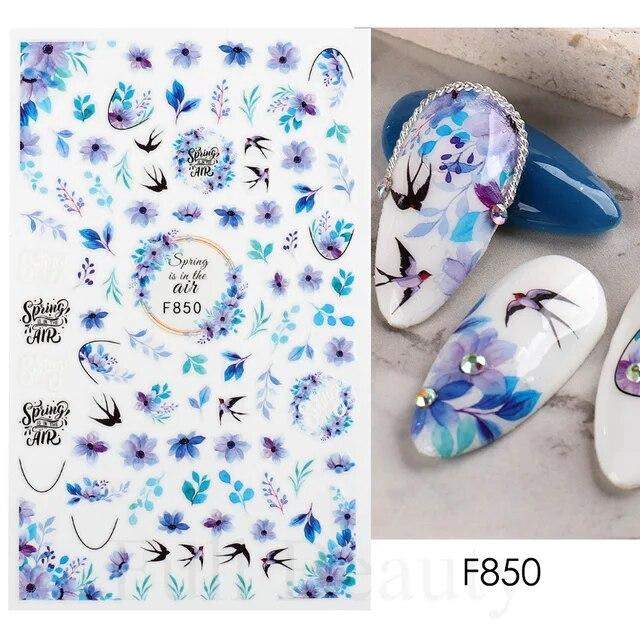 3D Nail Stickers Flowers Pink Purple Blossom Florals Leaves Decals Nail Art Adhesive Sliders Charms Manicure Decorations TRCA769