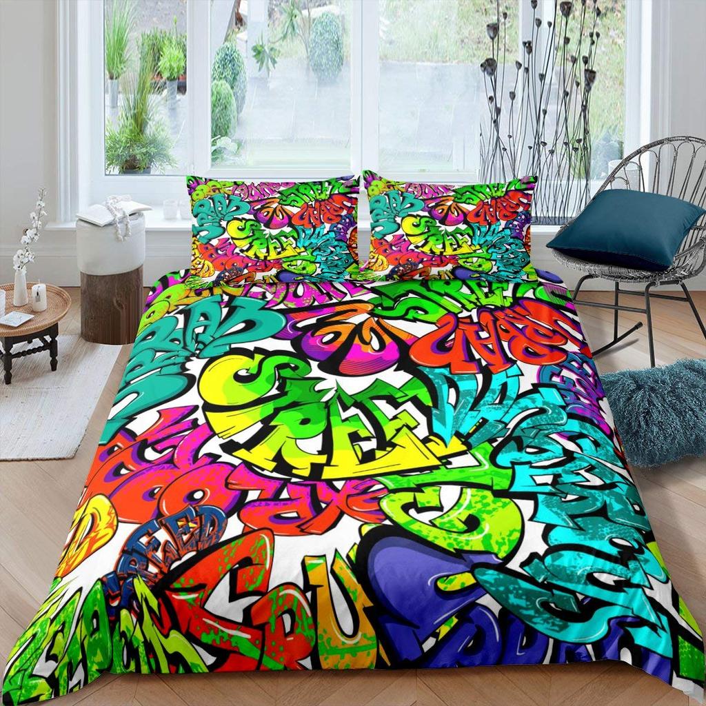 Hippie Graffiti Duvet Cover Hip Hop for Kids Teens Adults Wall Urban Street Art Theme Polyester Quilt Cover Bedroom Decorations