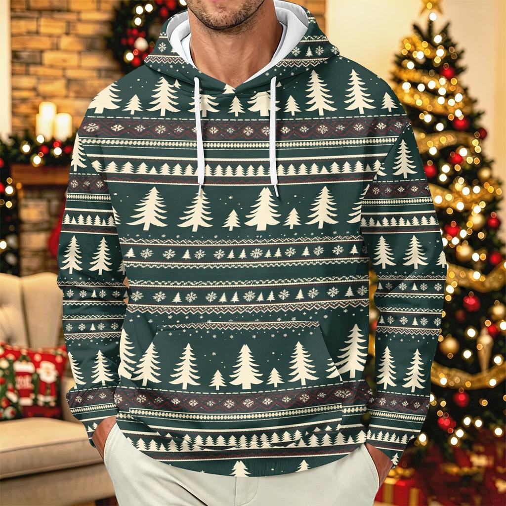 Men's Long Sleeve Hooded Sweatshirt with Christmas Print for Casual Holiday Wear