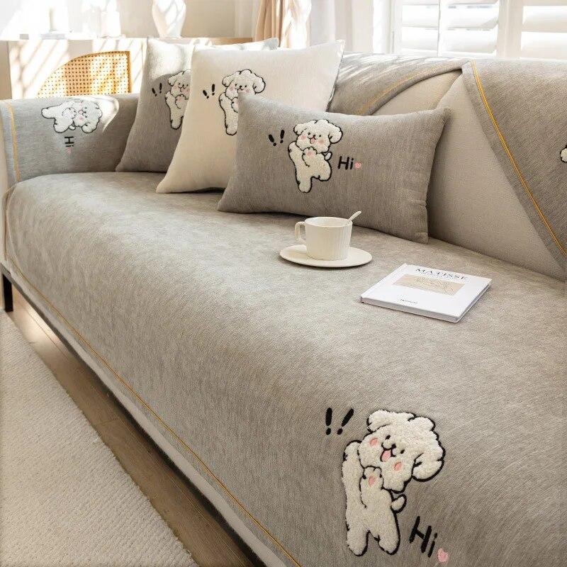 Nordic Cartoon Dog Chenille Sofa Mat Non-slip Sofa Towel Couch Cushion Cover Four Seasons Universal Simplicity Couch Slipcovers