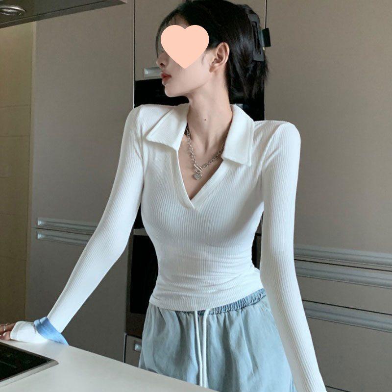 Spicy Girl Slimming Long Sleeve Polo Shirt – Pure Desire Style Fashionable Spring/Summer Top for Women
