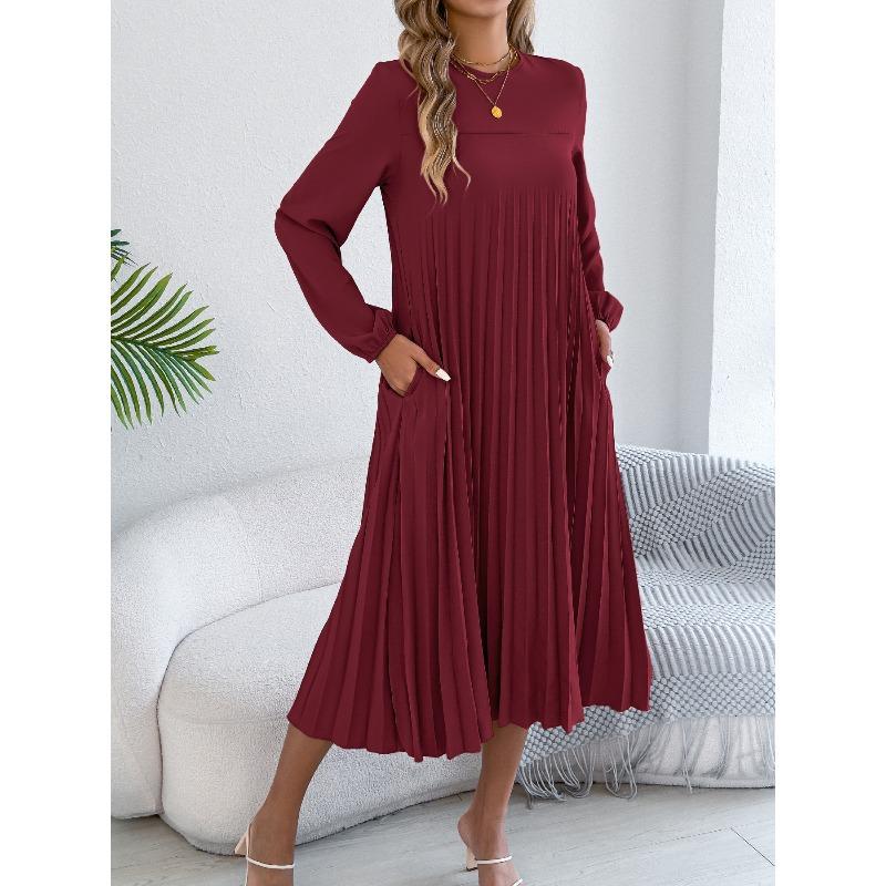 Spring and Summer Casual Solid-color Long-sleeved Padded Pleated Dress for Women