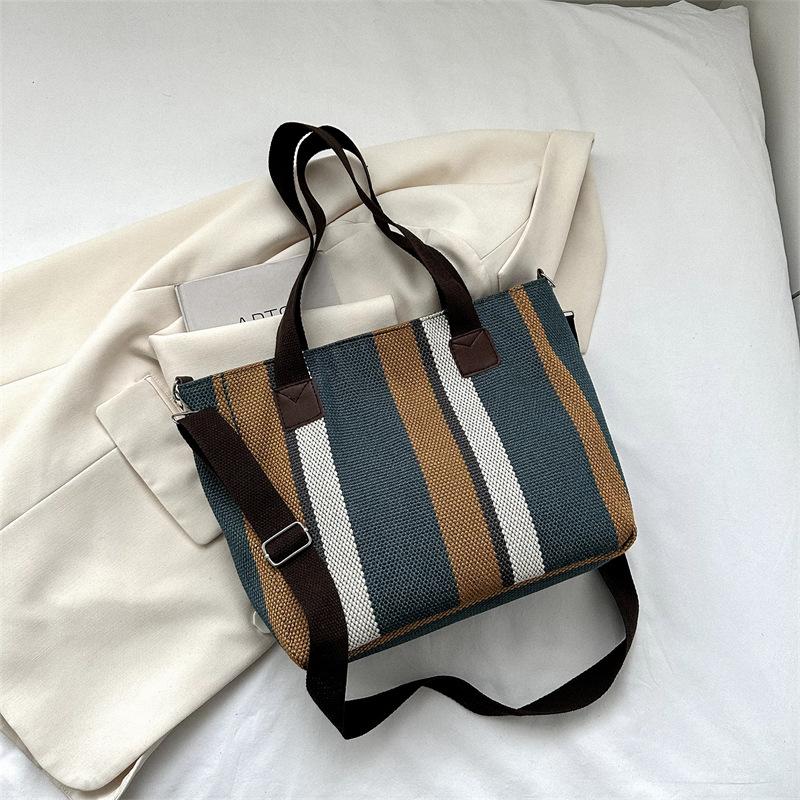 Big bag women's 2025 new fashion striped canvas bag commuter tote bag trendy shoulder messenger mommy bag