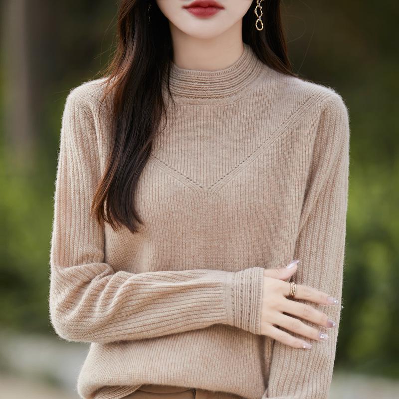 Women's 100% Pure Wool Hollow Out Half High Collar Loose Sweater