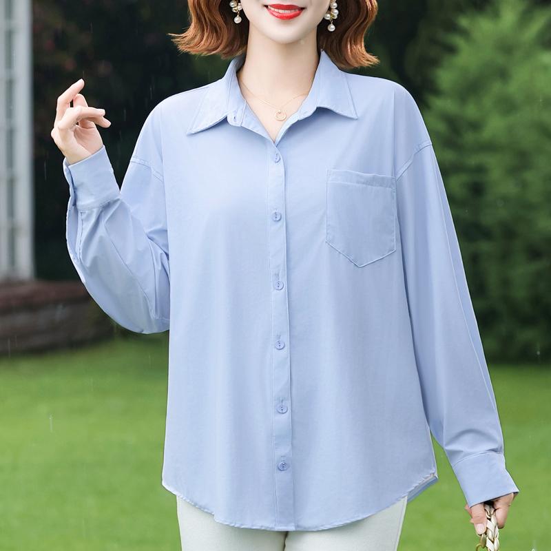 Plus Size Women's Loose Long Sleeve Button-Down Shirt, Solid Color Casual Office Blouse (3XL-7XL)