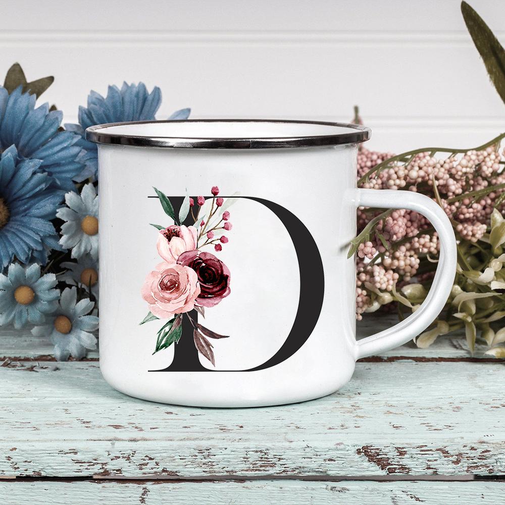 Alphabet Blumen A-Z Vintage Emaille Kaffee Tee Tassen Urlaub Camping Getränke Saft Bier Tassen Zuhause Büro Milch Tasse Geburtstagsgeschenke
