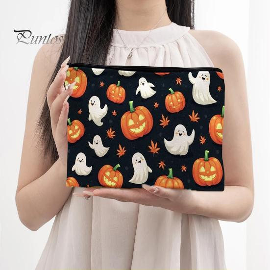 Versatile Zippered Storage Bag Halloween Bag, with Pumpkin Ghost Print, Durable Canvas Stationery Large Capacity Makeup Pouch, for Travel And