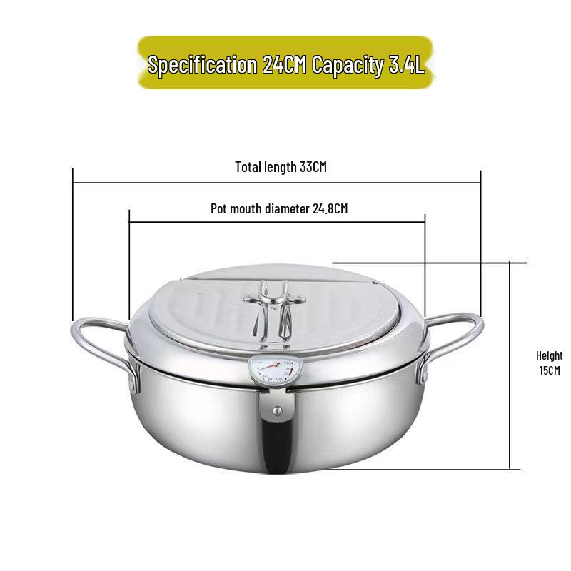 304 Stainless Steel Tempura Frying Pot with Double-Bottom, Oil-Saving, Temperature Control, and Thermometer for Gas and Induction Cookers