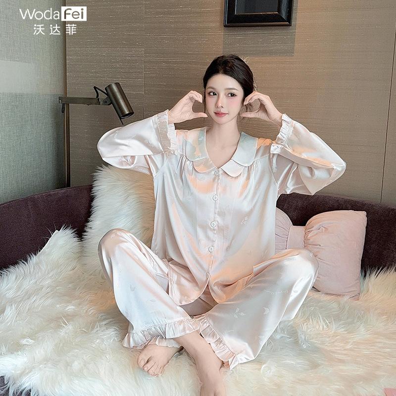 Women's pajamas, youthful sweet jacquard ice silk long-sleeve and long pants loungewear set, cute ruffle collar pajamas, spring/autumn style