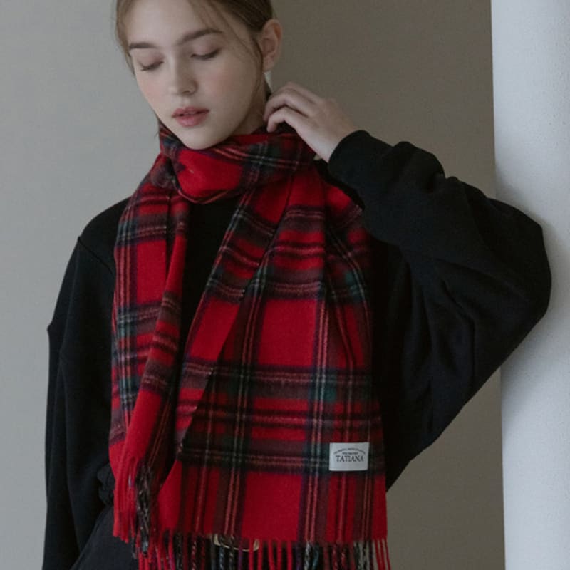 TATIANA Check Soft Lambskin 100% Wool Muffler MF8005 Red