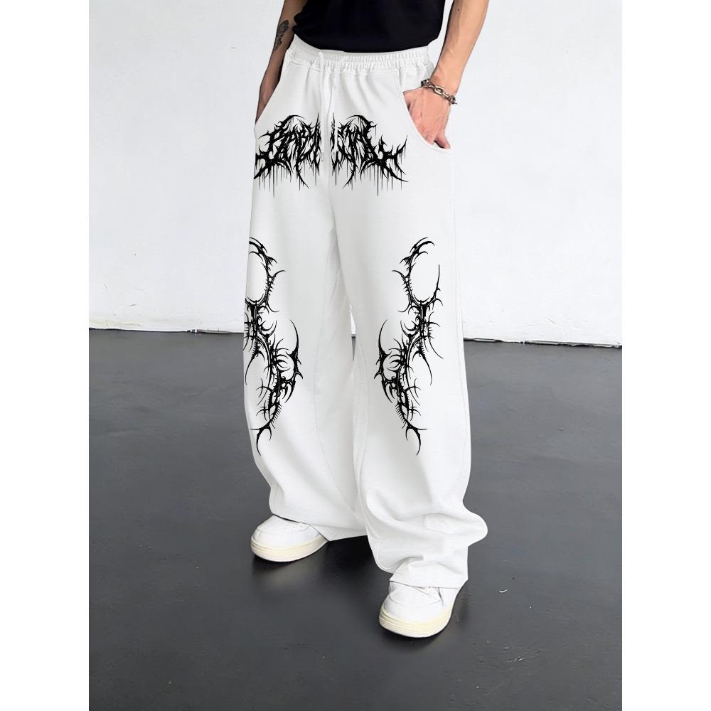 

Men s Dark Gothic Printed Casual Pants, Street Wear Cool Loose Pleated Sports Pants, Wide Leg Pants with Thorns and Letter Patterns S