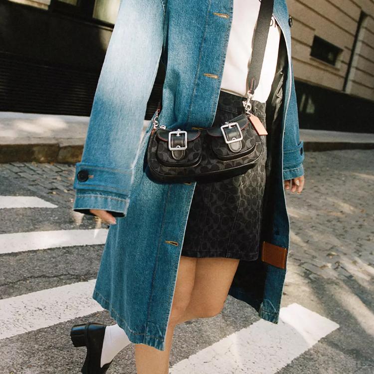 COACH Ashton Iconic Denim With Smooth Leather One Shoulder Handbag Medium Women's Black CQ184-SVBK