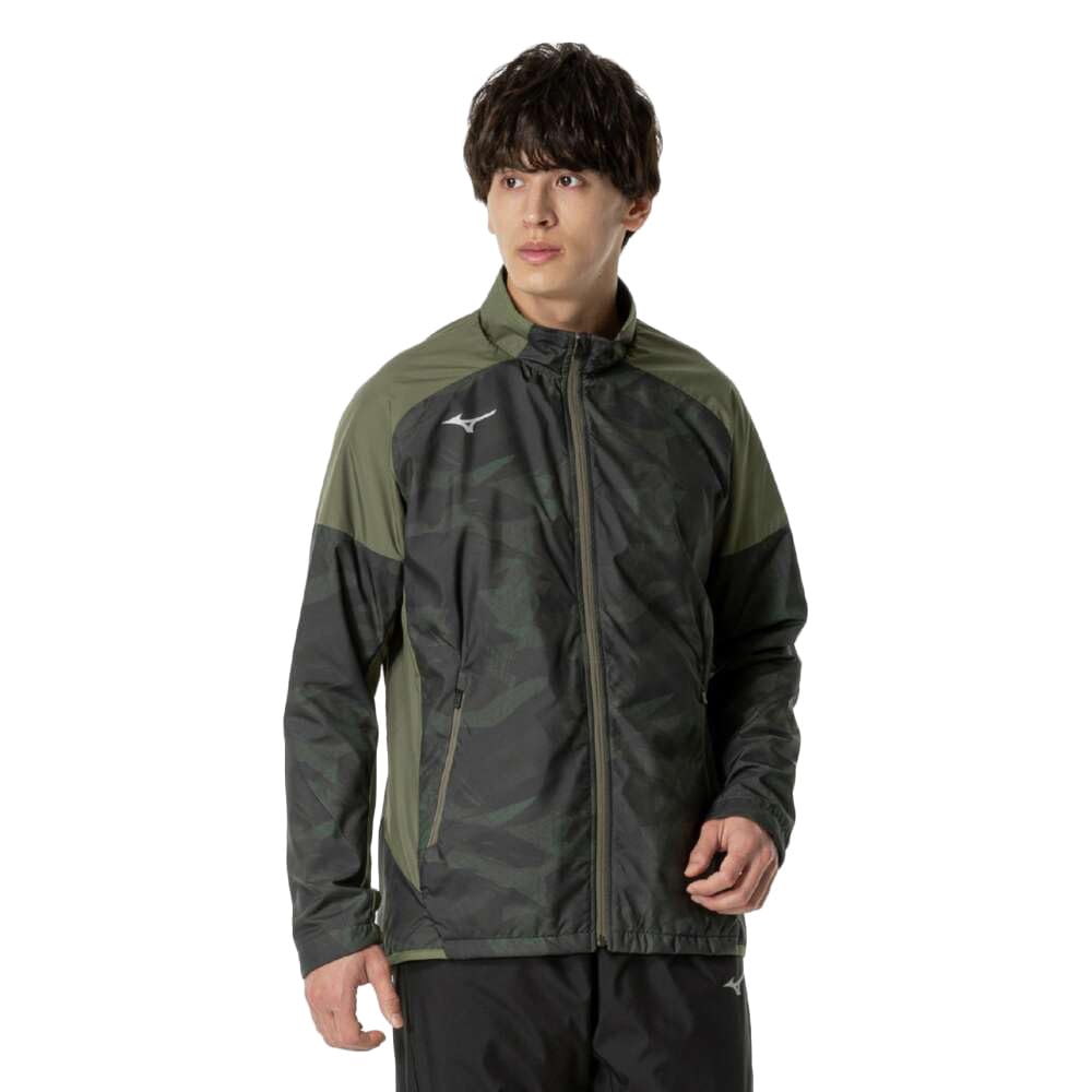 Mizuno Breath Thermo Warmer Training Dark Khaki Jacket, Moisture-Wicking, Heat-Generating, Water-Repellent, Windproof, Brushed, 32MEB541, Men's,
