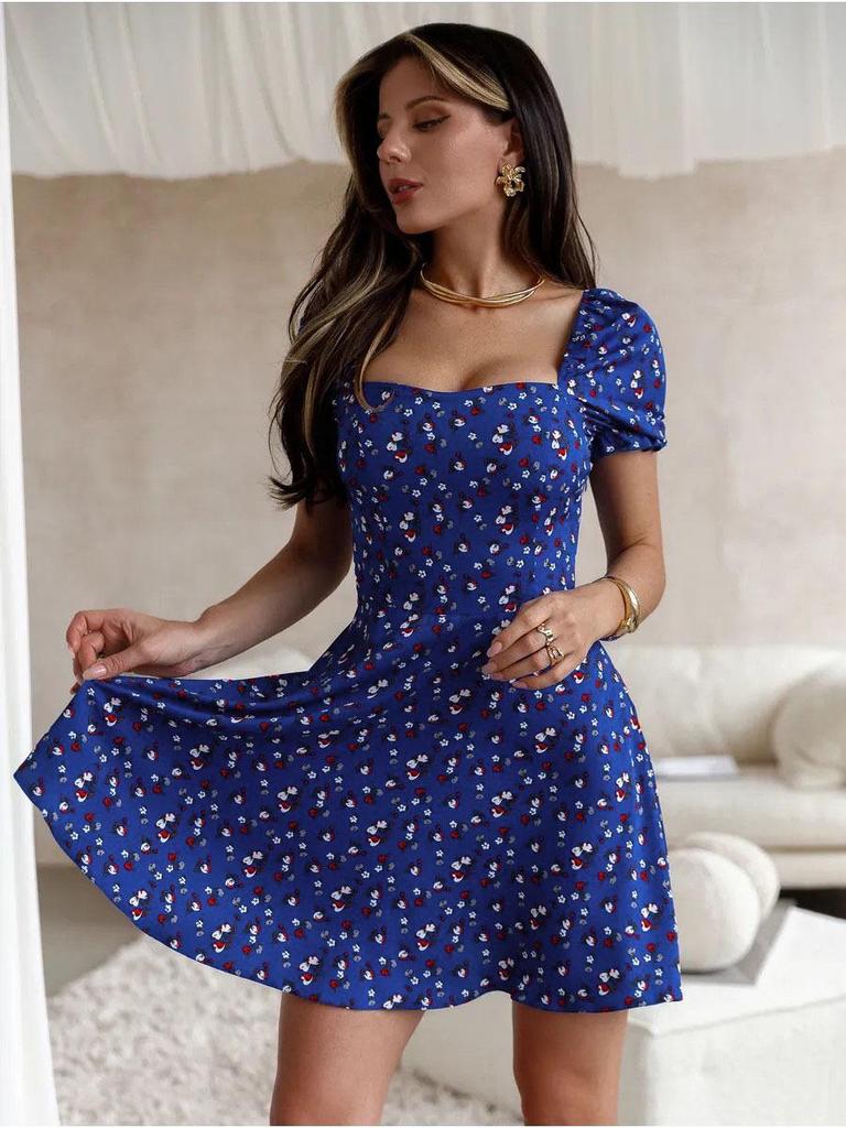 European & American Summer Floral Puff Sleeve Dress with Waist-Cinching Square Neck