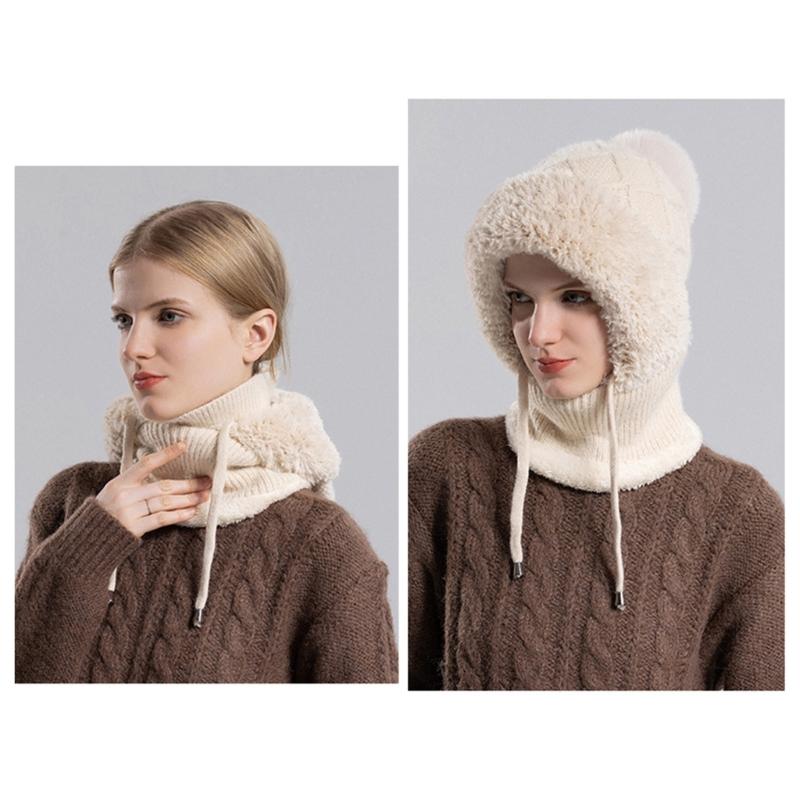 2in1 Winter Warm Ear Flap Scarf Hat Women Knit Hooded Balaclava Hat with Plush Liner Outdoor Activity Pullover Skull Hat