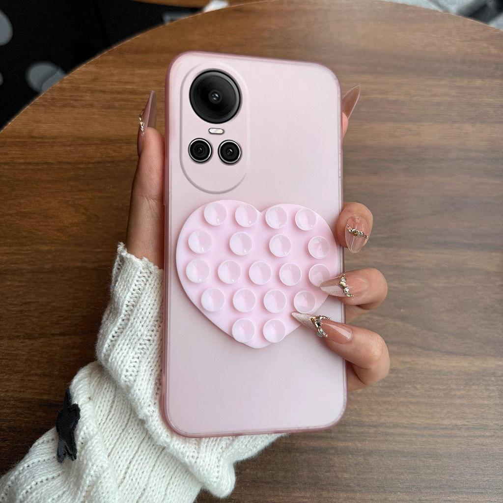Heart Shape Suction Cup Phone Case for OPPO Reno10pro 5G,Reno10 5G Semi Transparent Matte Shockproof Soft TPU Cover