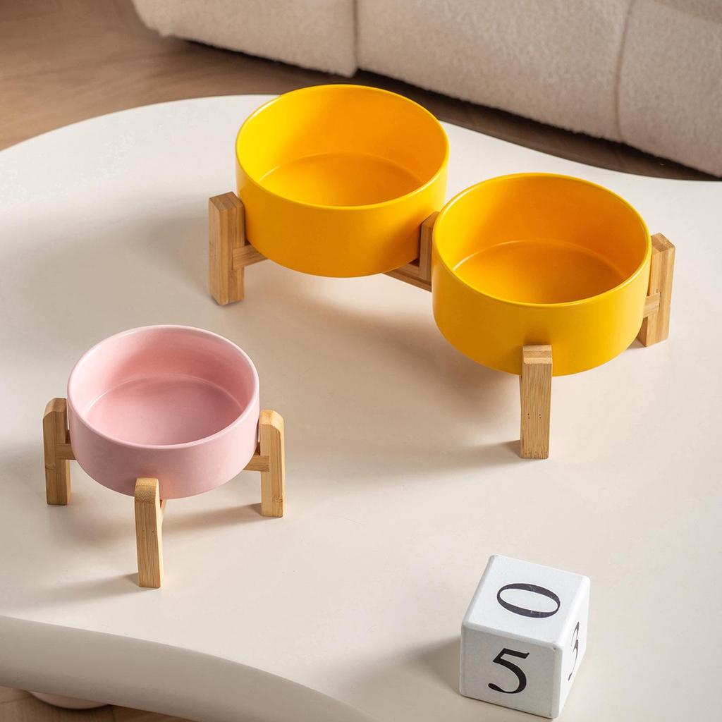 Ceramic Pet Food Bowl with Elevated Bamboo Stand - Anti-Tip Design for Dogs and Cats, Protects Cervical Spine