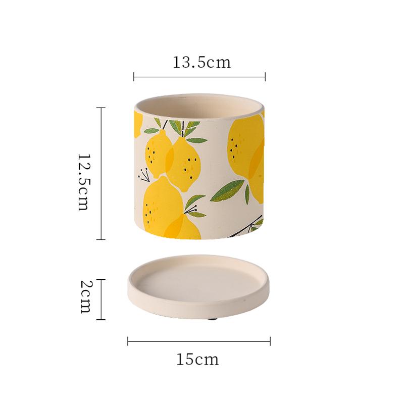 Creative Cartoon Fruit Ceramic Flower Pot Plant Flower Pot with Tray Cylindrical Countertop Flower Pot Living Room Garden Decor