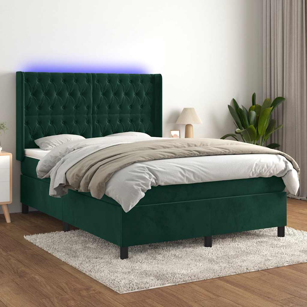 Box Spring Bed with Mattress & LED Lights Dark Green 140 x 190 cm Velvet