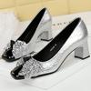 Fashion Mary Jane shoes Women Pumps Rhinestone bowknot Mid heeled square toe high heels 5 cm Luxury banquet shoes Ladies shoes