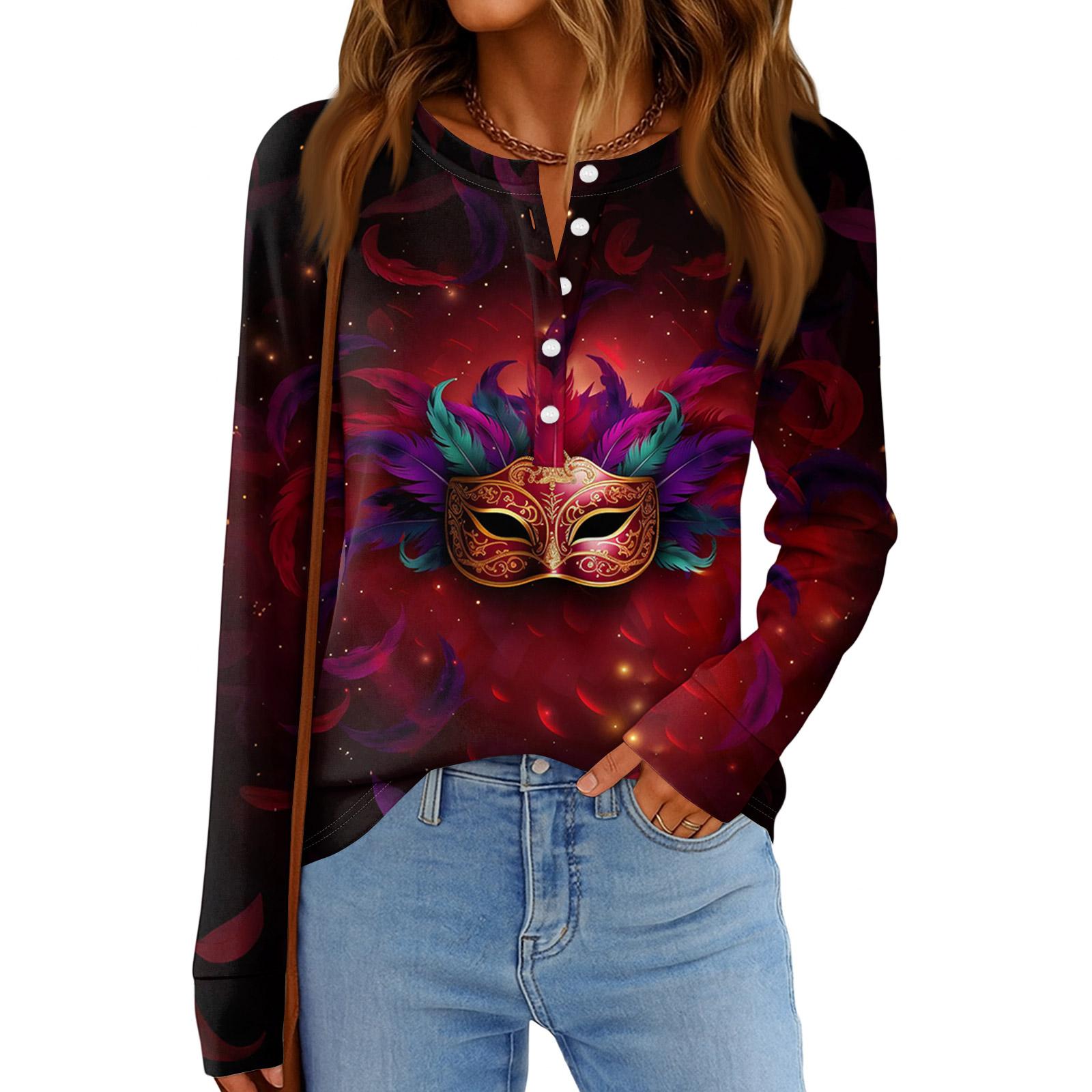

Women s Fashionable Loose Long Sleeved Carnival Printed Casual Top XL винный