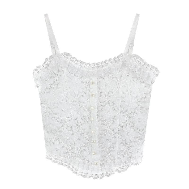 

Корейский жилет с плиссировкой из жемчуга с накладкой на груди и оборкой по подолу One Size белый