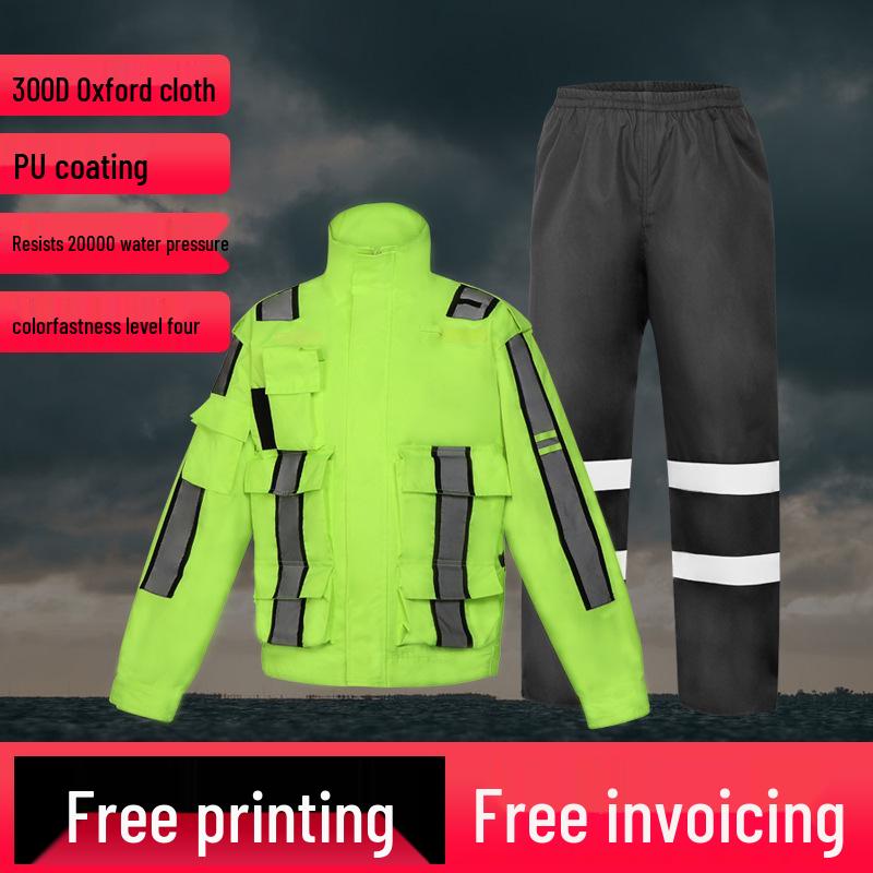 Fluorescent Green Reflective Raincoat and Rain Pants Set for Traffic Duty and Road Administration
