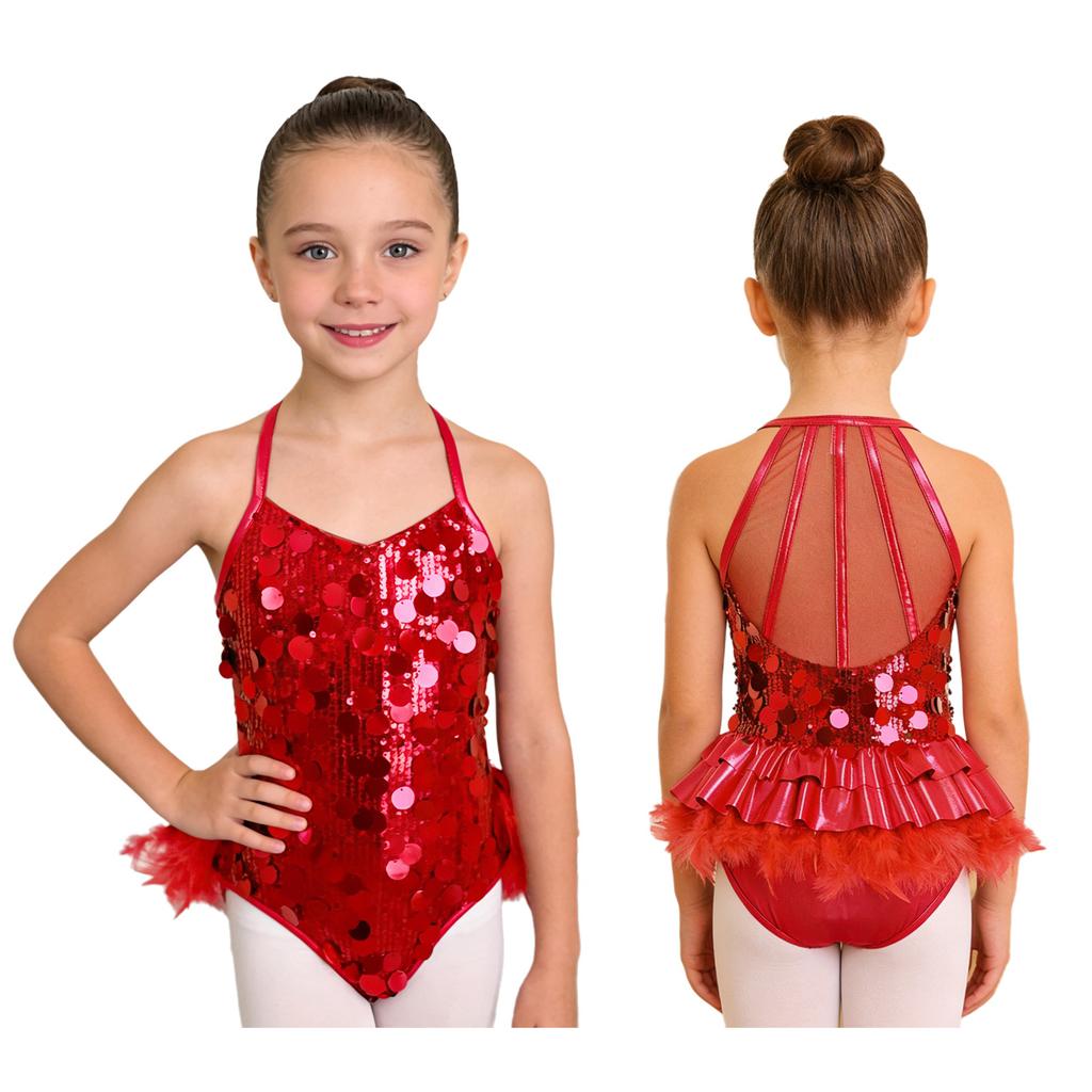 Kids Girls Dance Performance Costume Sleeveless Side Invisible Zipper Back Mesh Patchwork Feather Glittery Sequin Leotard