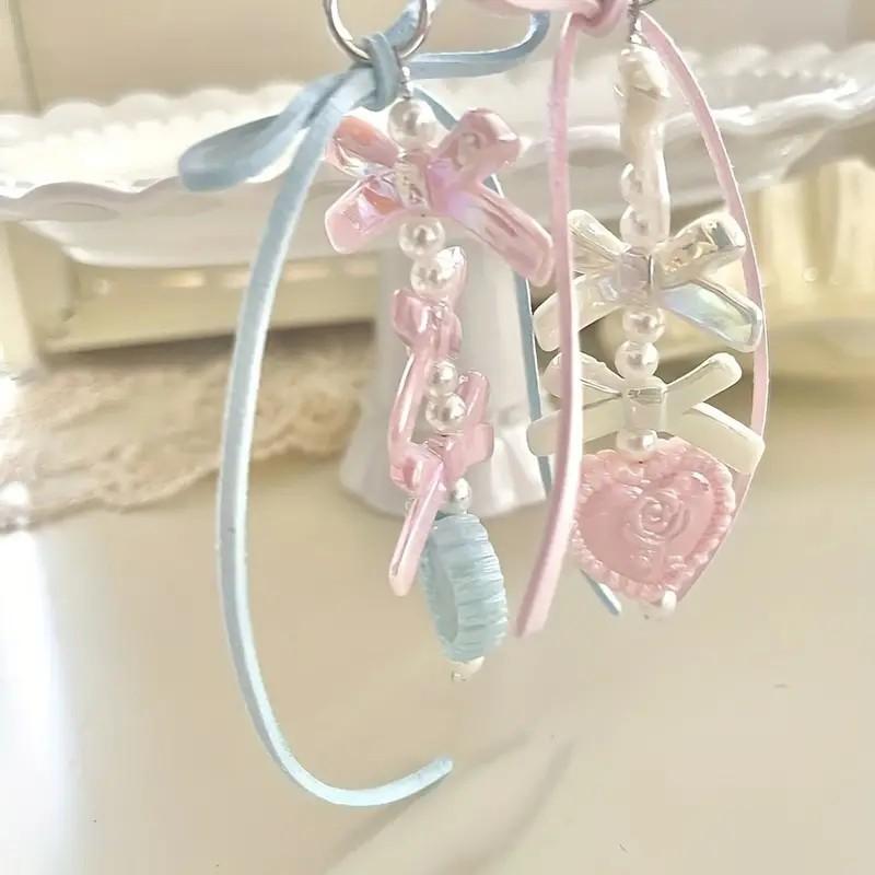 1Pc Korean Ins Cute Heart Bow Beaded Phone Lanyard Kawaii Girl Phone Case CCD Pendant Decoration Key Chain Backpack Charm Strap