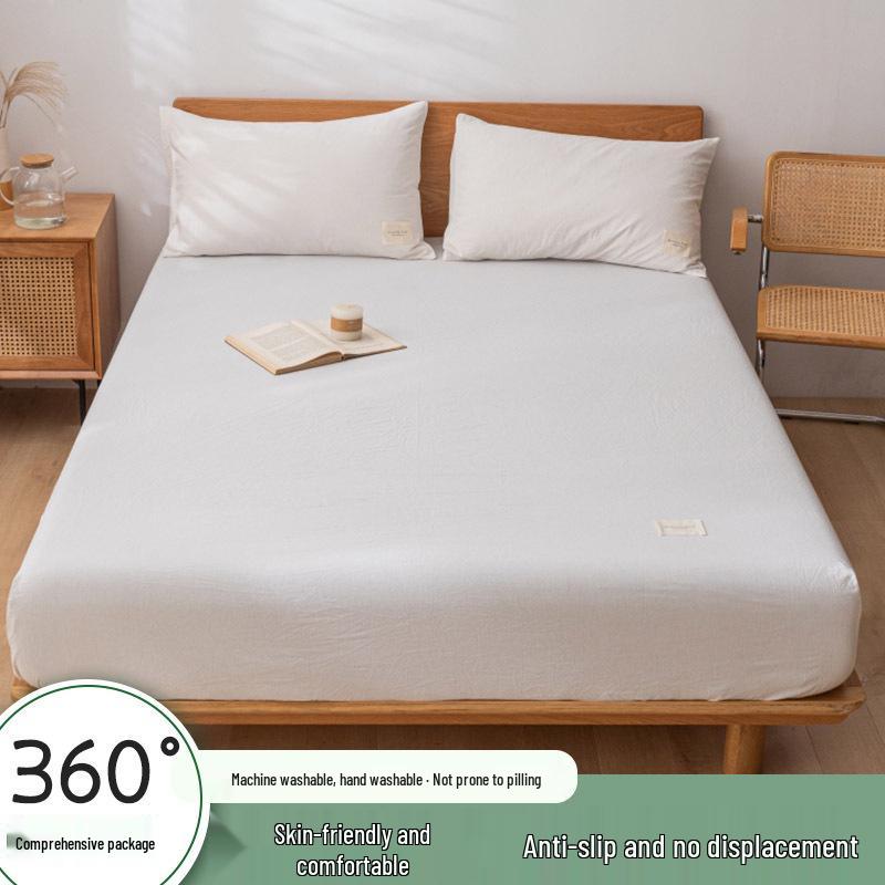 Muji-Style Washed Cotton Fitted Sheet Set - Non-Slip, Single Piece, Mattress Protector
