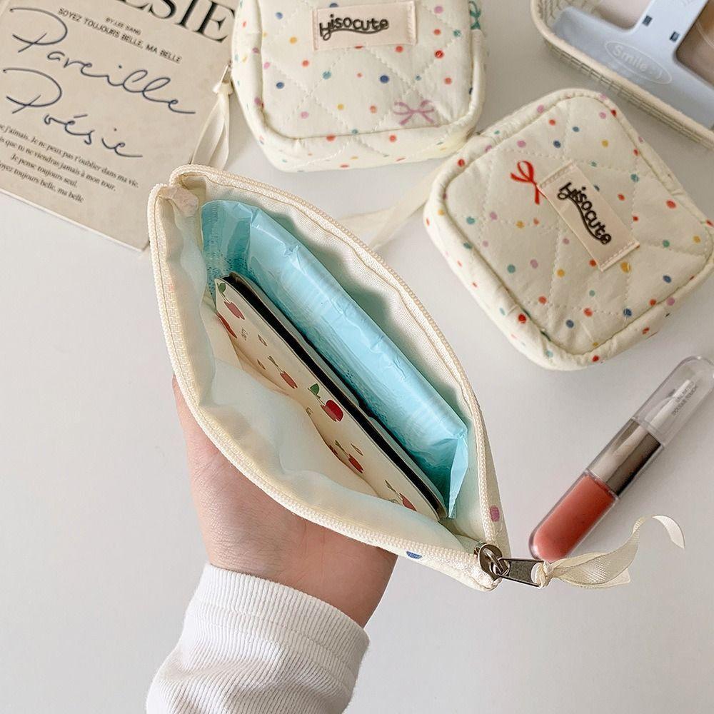 Portable Bowknot Sanitary Napkins Storage Bag Colorful Dots Large Capacity Cosmetic Bag Data Cables Organizer for Women Girls