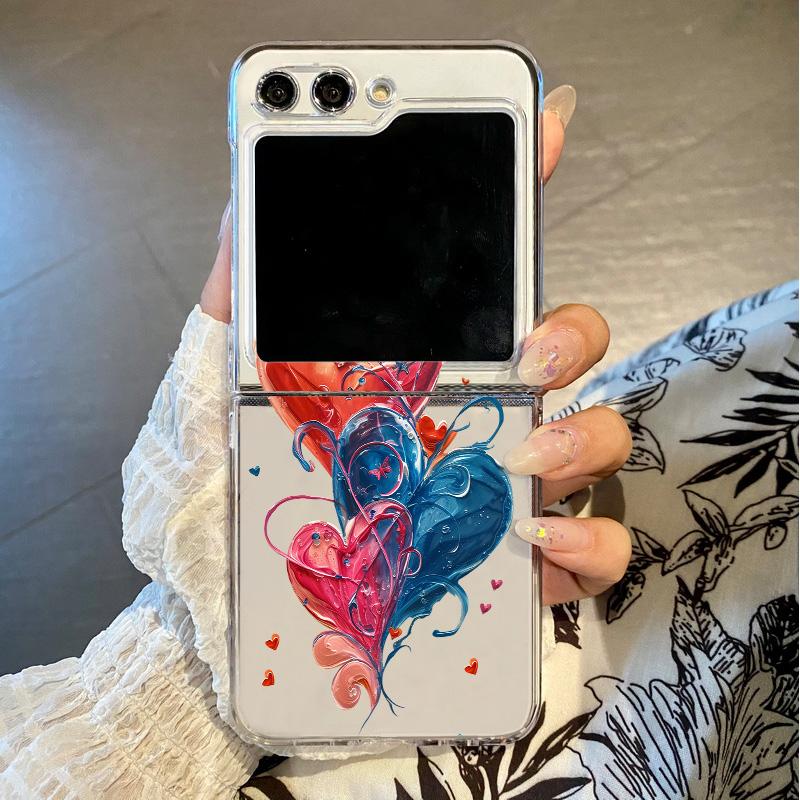 Samsung Galaxy Z Flip 7 6 5 4 3 uchun Sevgi Yuragi Bosmalari bilan Shaffof Buklanadigan Telefon G'ilofi Samsung Z Flip7 Flip6 uchun Qattiq Shaffof Qopqoq